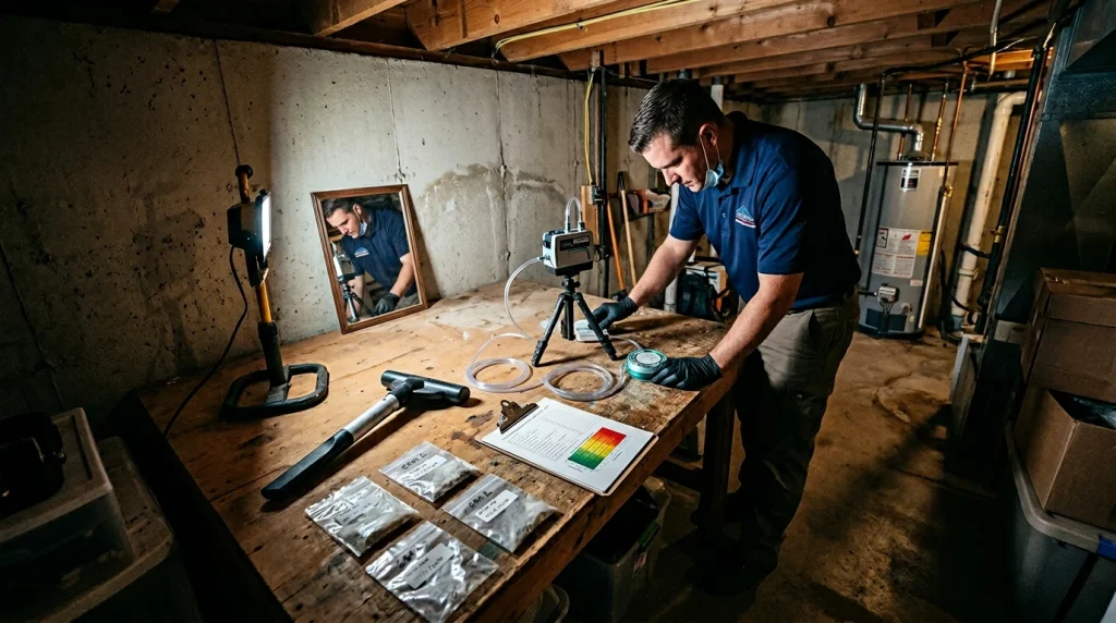 Technician collecting labelled dust samples for an ERMI mold lab analysis in a basement