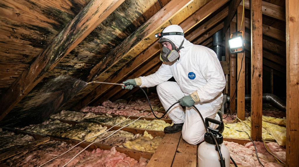 Professional removing mold from attic roof sheathing and rafters
