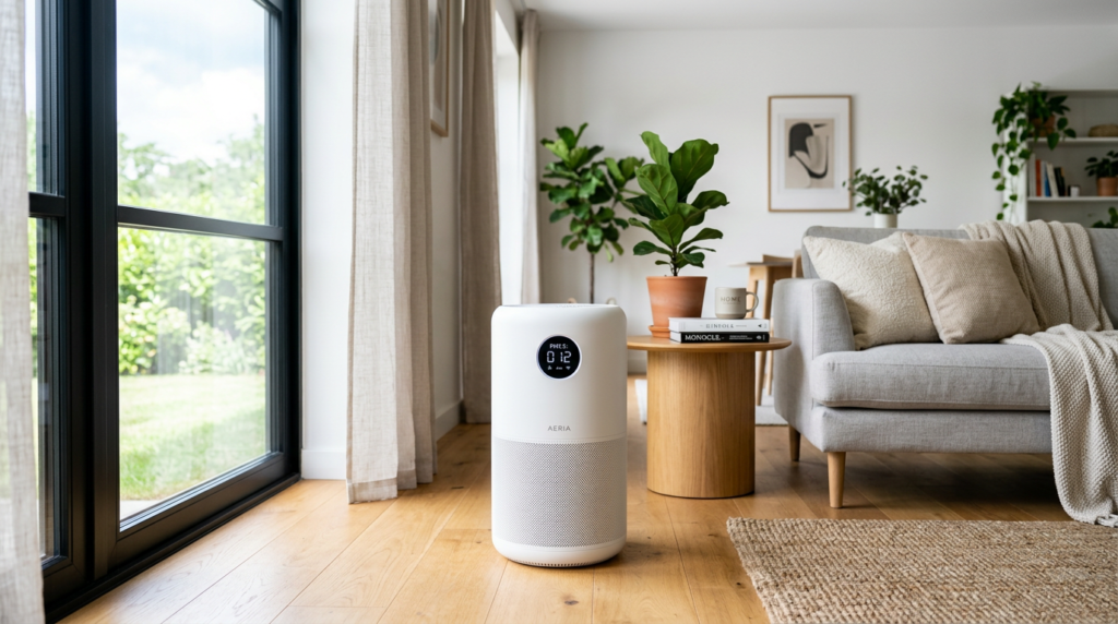 Modern HEPA air purifier for mold in a clean living room