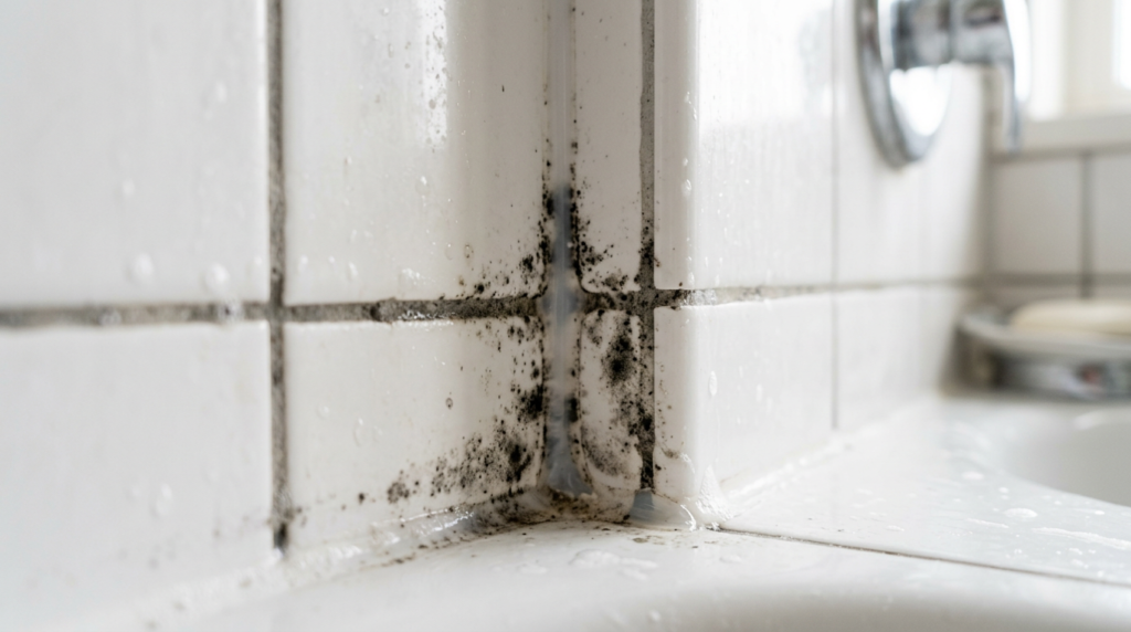 Black mold growth in shower grout and caulk requiring removal