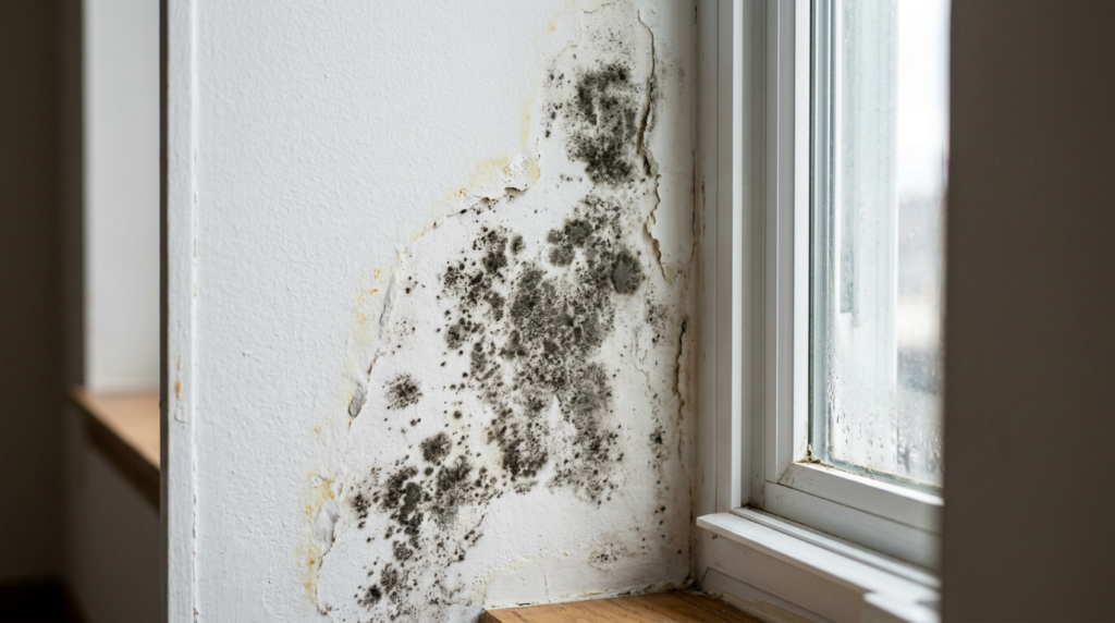 Black mold growing on drywall near window moisture source
