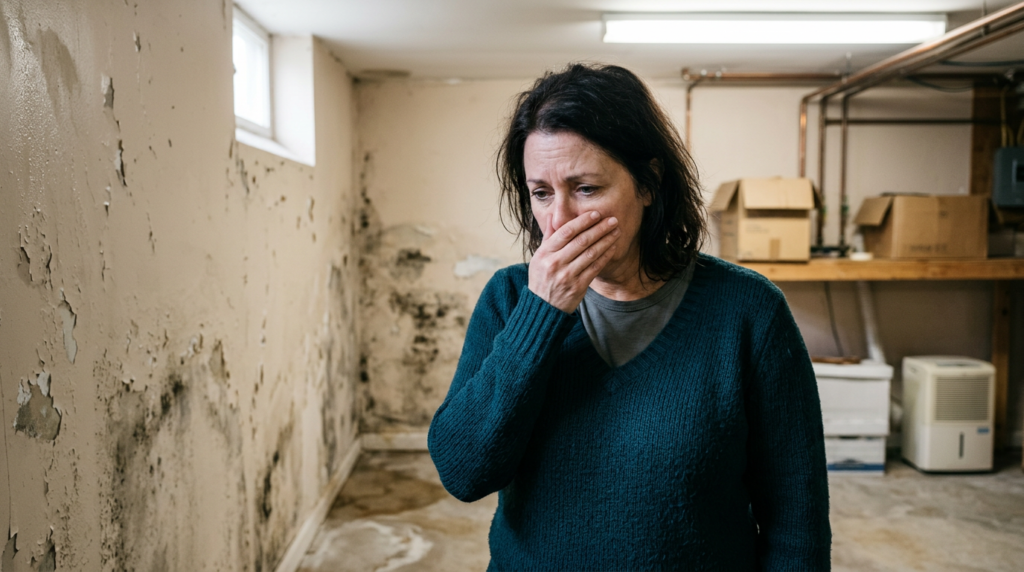 Person detecting musty black mold smell in home