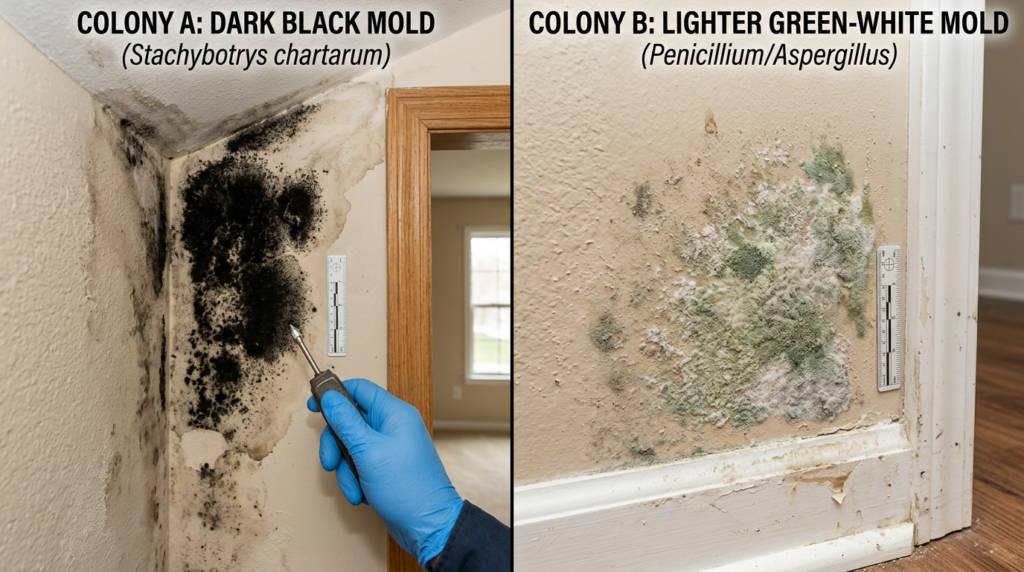 Comparison of black mold versus regular mold on wall surfaces