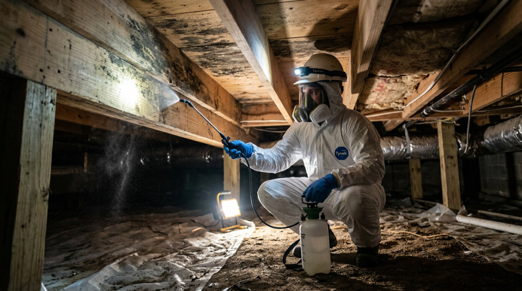 Worker in protective gear removing mold from crawl space joists