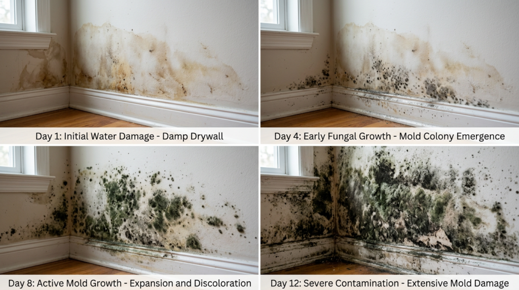 Early stages of black mold growth on water-damaged surface