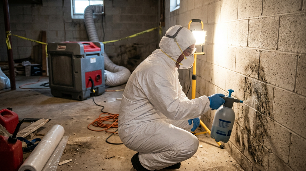Professional mold remediation worker removing mold from wall