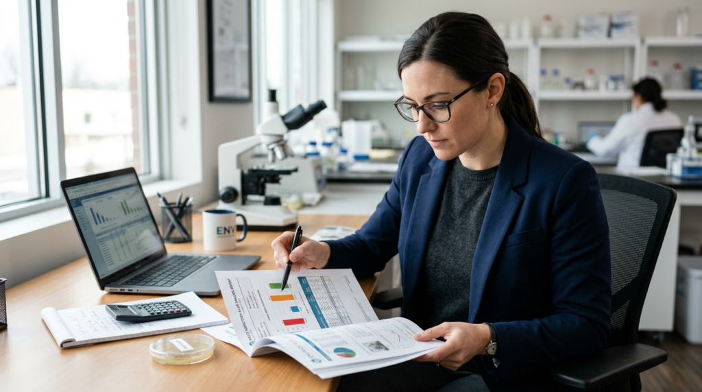 Person reviewing mold test results report at desk