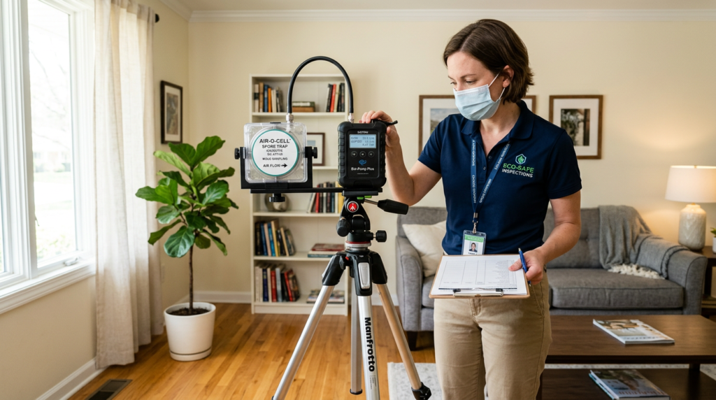 Mold air quality testing equipment collecting indoor air sample