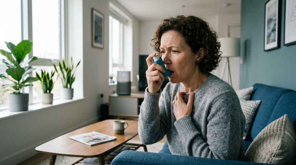 Person using asthma inhaler due to mold-triggered respiratory symptoms