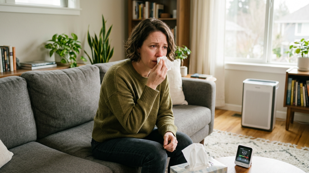 Person experiencing mold exposure symptoms at home