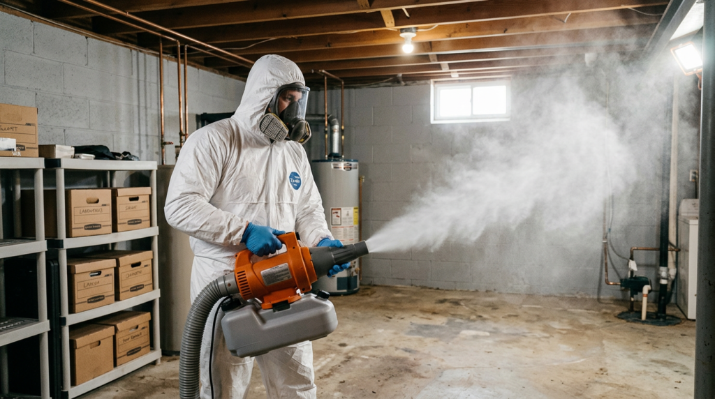 Mold fogger machine dispersing antimicrobial treatment in basement