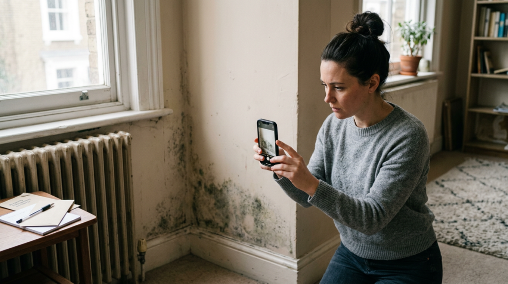 Tenant documenting mold problem in rental property for landlord