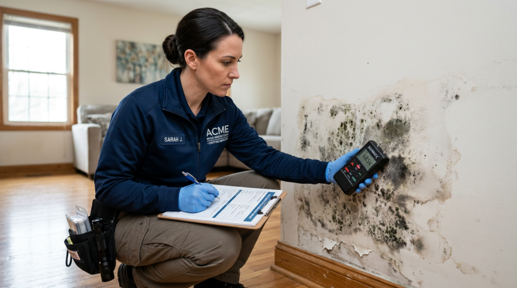 Professional mold inspector examining home wall with moisture meter
