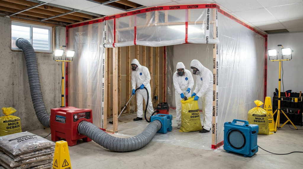 Professional mold remediation containment setup with HEPA equipment