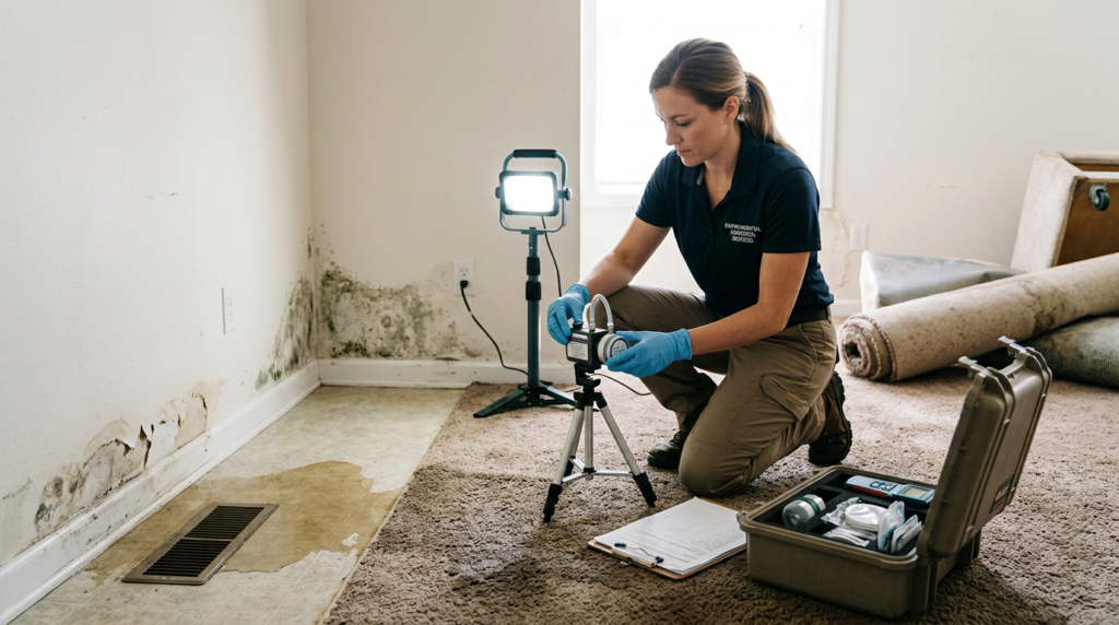Mold testing equipment being set up in water-damaged room