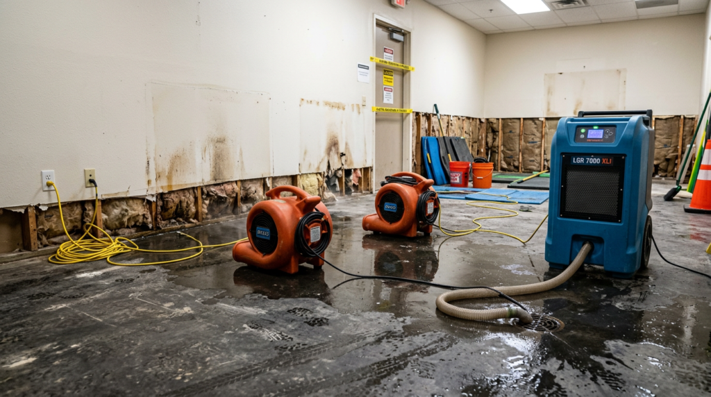 Industrial fans and dehumidifier drying water-damaged room to prevent mold