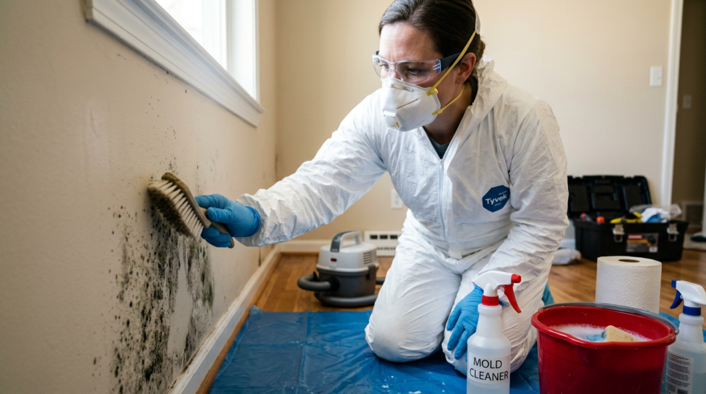 Person removing mold from interior wall with protective equipment