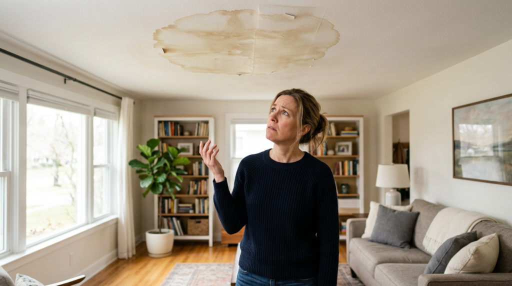 Homeowner noticing water damage warning signs that indicate mold testing needed