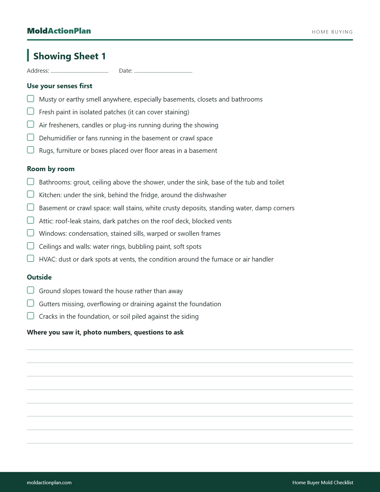 Home Buyer Mold Checklist sample page 1