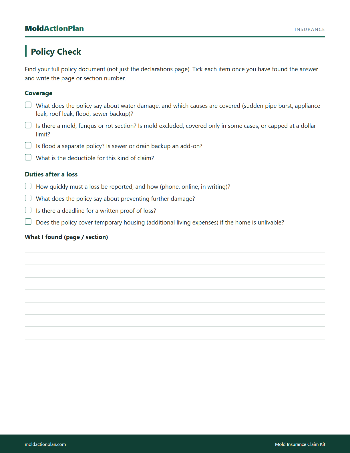 Mold Insurance Claim Kit sample page 1