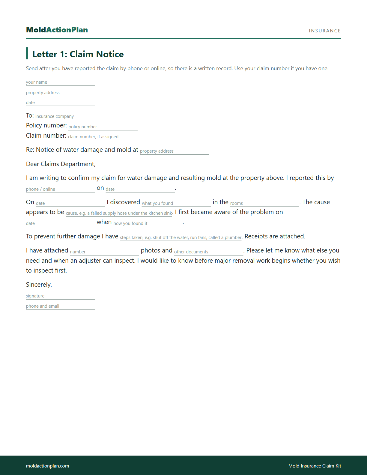 Mold Insurance Claim Kit sample page 2