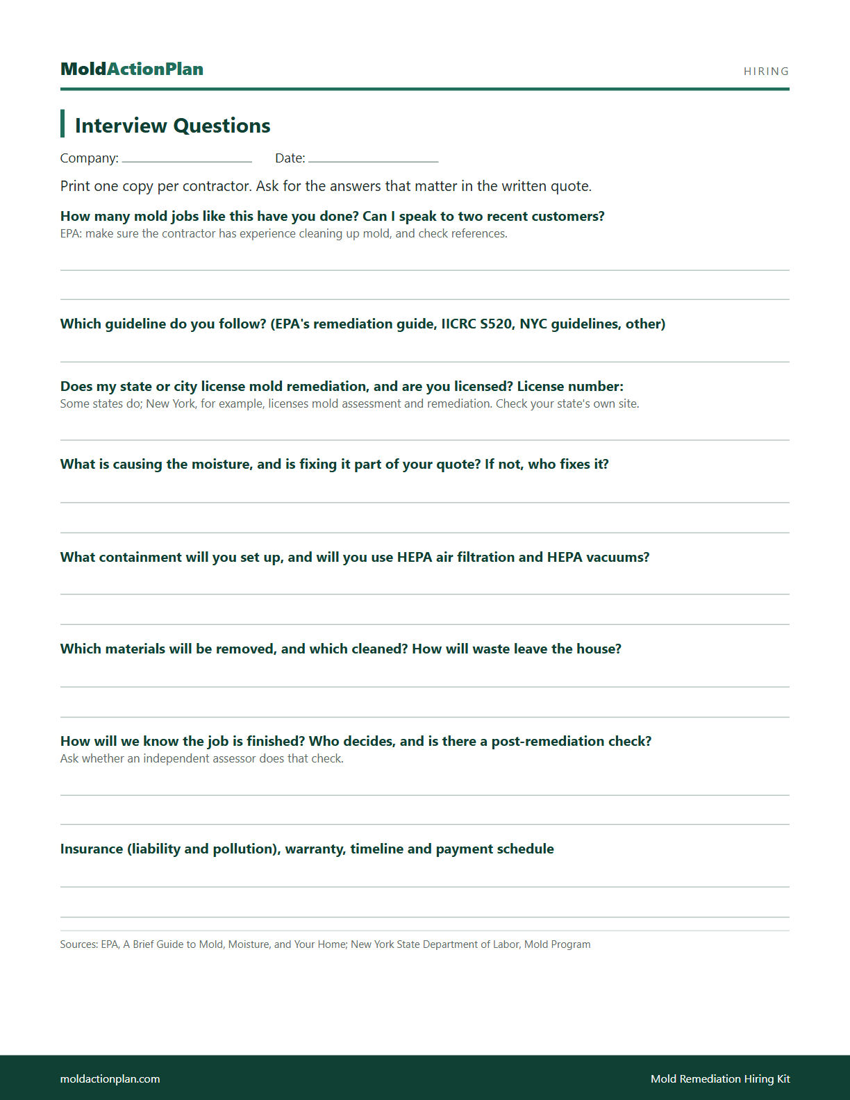 Mold Remediation Hiring Kit sample page 1
